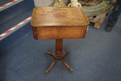 A Regency brass inlaid rosewood work table, width 34cm, depth 51cm, height 72cm